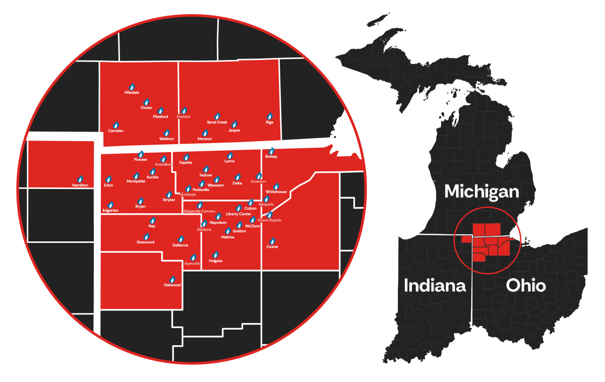 Kinsman Propane Service Area Map for Ohio and Michigan